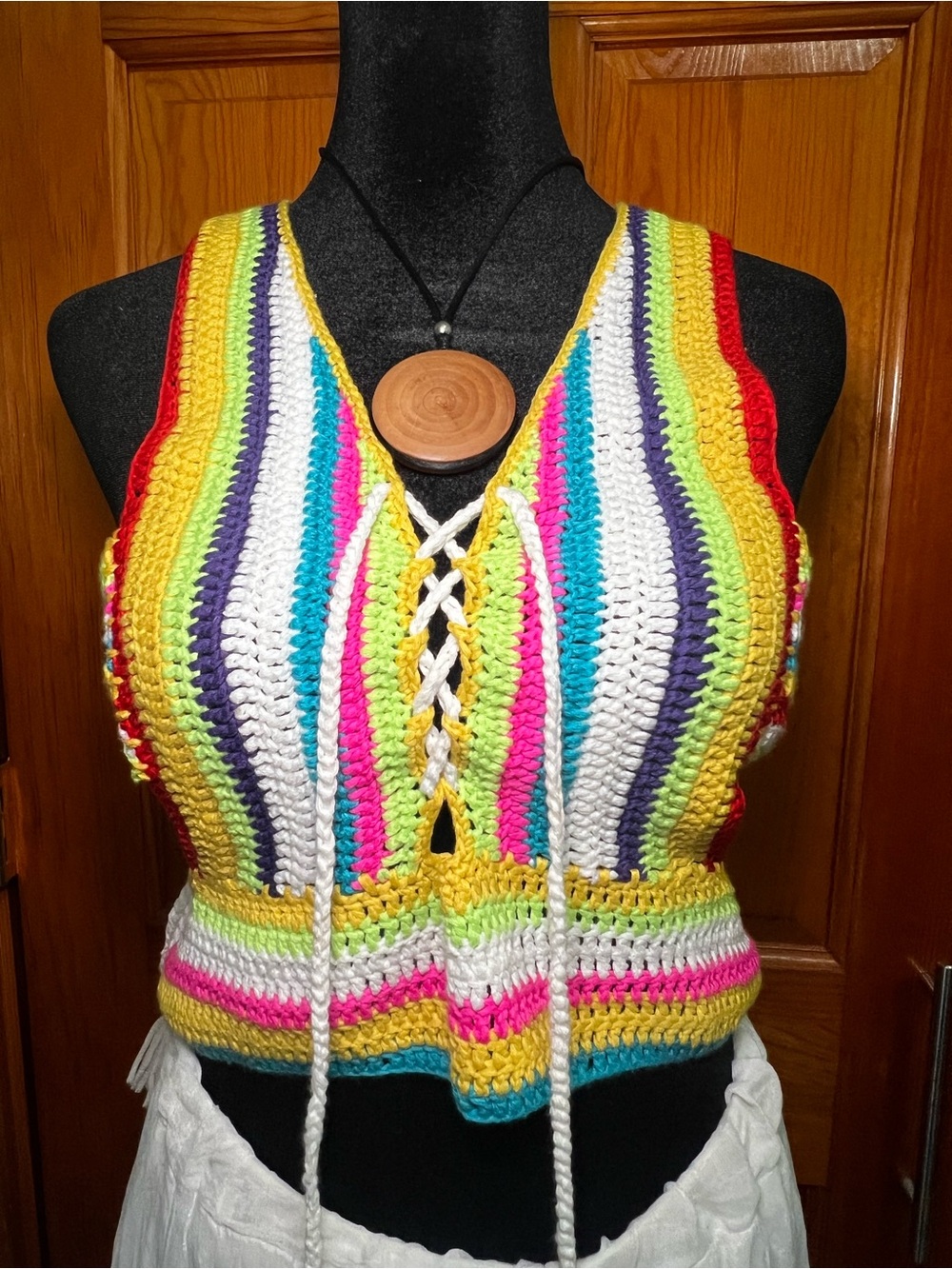 Multicolor Striped Crochet Lace-Up Crop Top